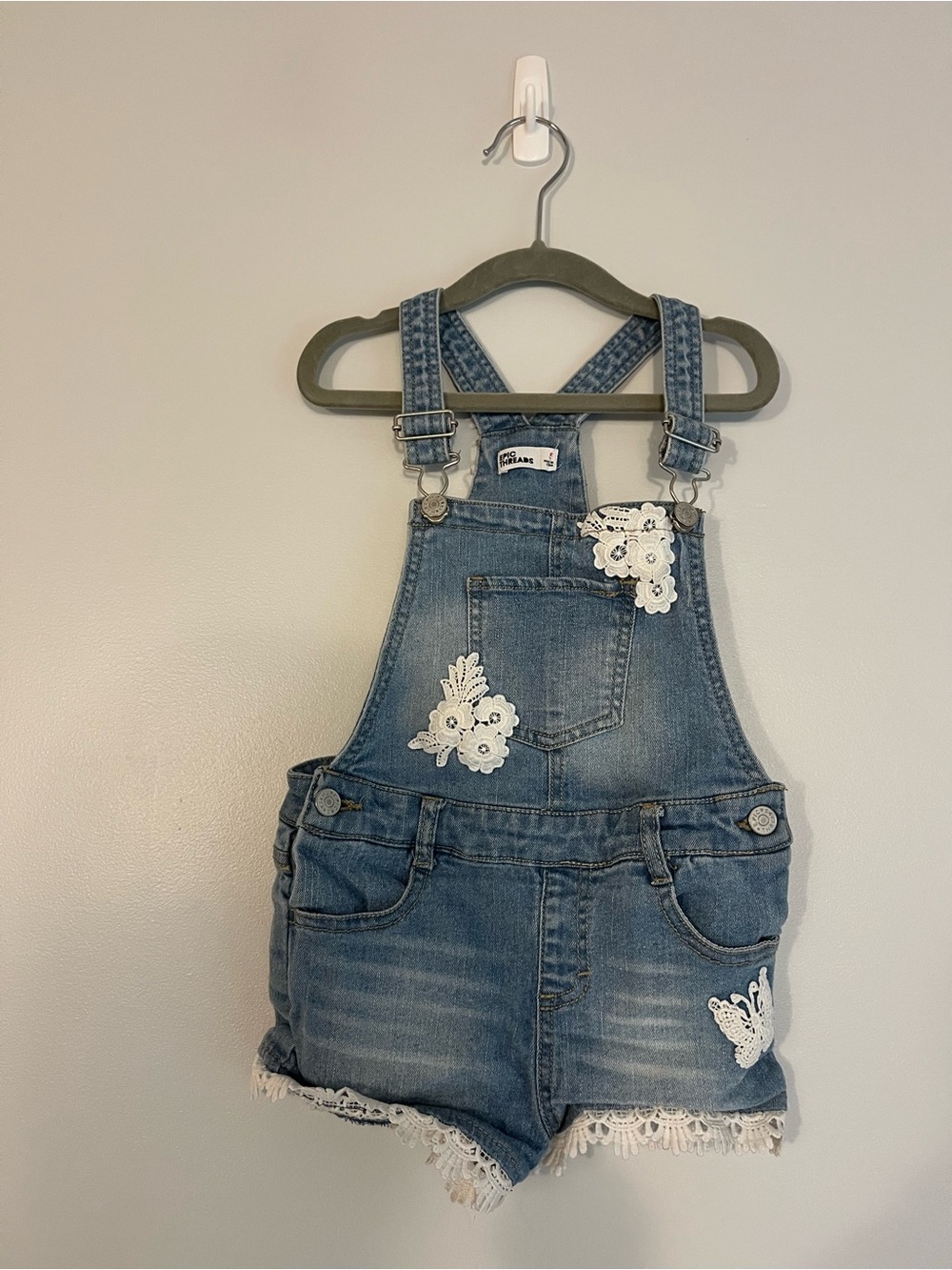 Epic Threads Blue Denim Short Overalls with White Lace Appliqués